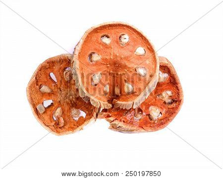 Dry Bael Slices Fruit Isolated In White Background. Dry Herb For Healthy Beverage.