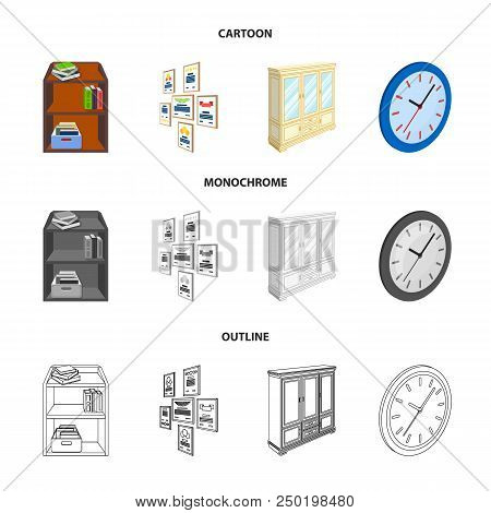 Cabinet, Shelving With Books And Documents, Frames On The Wall, Round Clocks. Office Interior Set Co