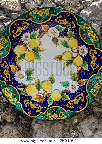 Ravello, Italy - June 16, 2017: Close Up Of A Ceramic Plate Sold In Ravello, Italy