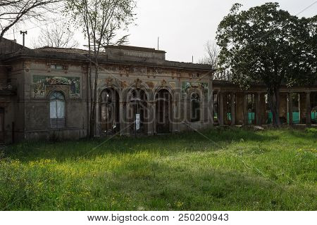 Ancient Spa In Leghorn, Crumbling Building Architectural Monument In Italy