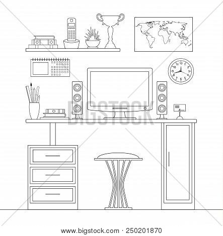 Workplace Plan. Vector Linear Interior. Outline Desktop And Office Furniture.