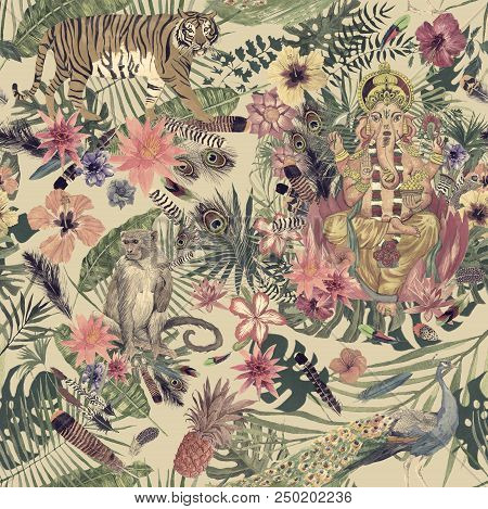 Sesmless Hand Drawn Vintage Watercolor Pattern With Ganesha, Tiger, Monkey, Peacock, Feathers, Flowe