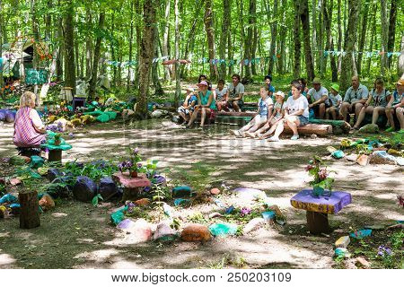 Shapsugskaya, Russia - July 5, 2018: Visitors Near Chapel Of Theodosius Of The Caucasus Near Shapsug