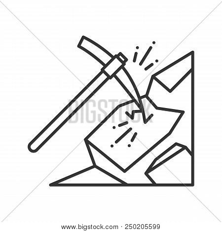 Pickaxe Breaking Mountain Linear Icon. Mining. Thin Line Illustration. Navvy Pick. Contour Symbol. V