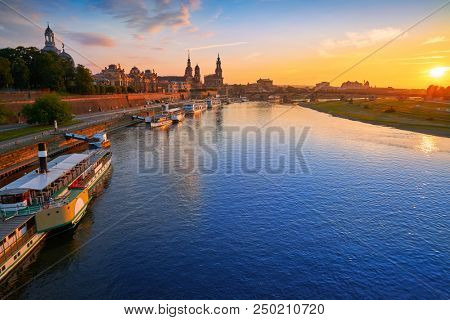 Dresden skyline reflecion in Elbe river at sunset in Saxony of Germany