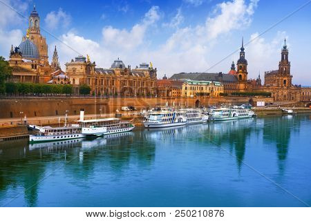 Dresden skyline reflecion in Elbe river in Saxony of Germany