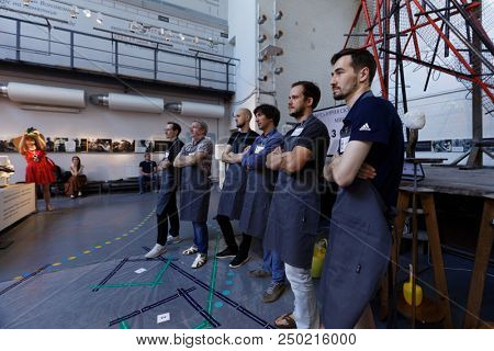ST. PETERSBURG, RUSSIA - JULY 15, 2018: Sculptors at the start of the artistic battle during the opening of festival Laboratory Of Sculpture in the museum workshop of sculptor Mikhail Anikushin