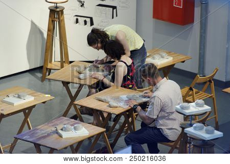 ST. PETERSBURG, RUSSIA - JULY 15, 2018: Master class in the museum workshop of sculptor Mikhail Anikushin during the opening of festival Laboratory Of Sculpture. The festival includes battles too