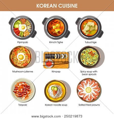 Korean cuisine flat  collection of dishes on white