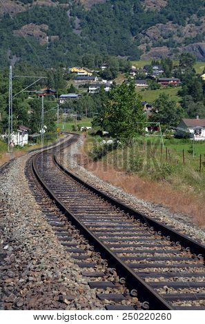 Famous Railroad Flamsbahn. 
It is considered the most picturesque road in Europe. June 17,2018. Flam, Norway, Scandinavia.