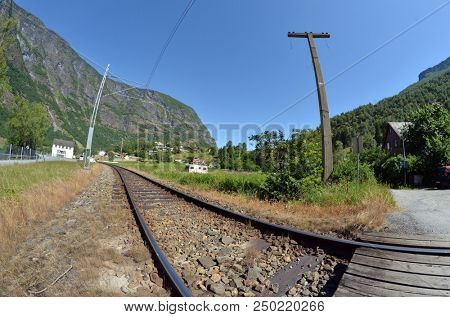 Famous Railroad Flamsbahn. 
It is considered the most picturesque road in Europe. June 17,2018. Flam, Norway, Scandinavia.