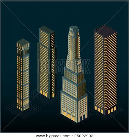 bâtiments dans la nuit - perspective isométrique - vecteur - isolé objets