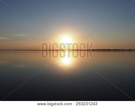 Exciting Sun Set Over Artificial European Goczalkowice Reservoir And Coastline Near Pszczyna City In