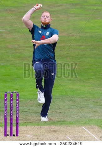 LEEDS, ENGLAND - JULY 17: Ben Stokes bowling during the 3rd Royal London One day International match between England and India at Headingley Cricket Ground on July 17, 2018 in  England.  
