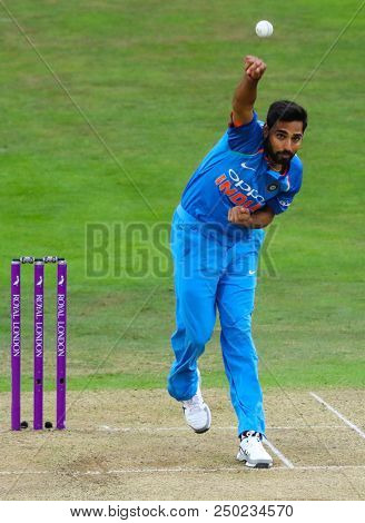 LEEDS, ENGLAND - JULY 17: Bhuvneshwar Kumar during the 3rd Royal London One day International match between England and India at Headingley Cricket Ground on July 17, 2018 in  England.  