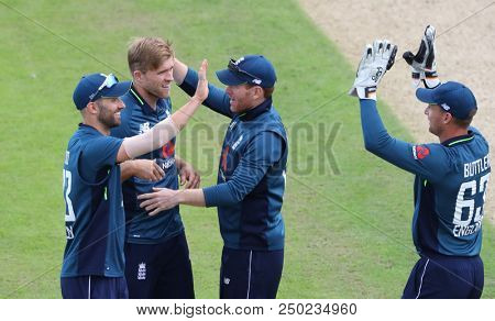 LEEDS, ENGLAND - JULY 17: David Willey celebrates a wicket during the 3rd Royal London One day International match between England and India at Headingley Cricket Ground on July 17, 2018 in  England. 