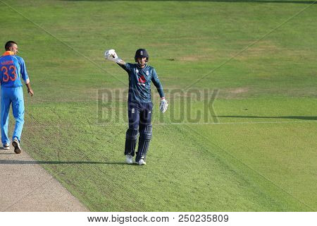LEEDS, ENGLAND - JULY 17: Joe Root of England celebrates scoring a century during the 3rd Royal London One day International match between England and India at Headingley Cricket Ground