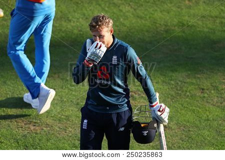 LEEDS, ENGLAND - JULY 17: Joe Root celebrates scoring a century during the 3rd Royal London One day International match between England and India at Headingley Cricket Ground on July 17, 2018 