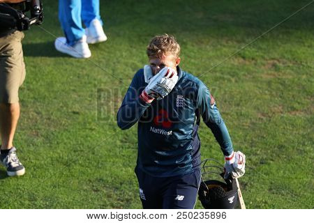LEEDS, ENGLAND - JULY 17: Joe Root celebrates scoring a century during the 3rd Royal London One day International match between England and India at Headingley Cricket Ground on July 17, 2018