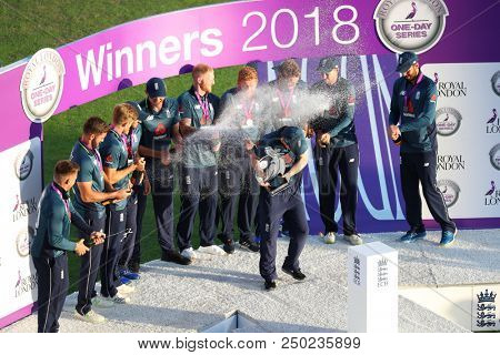 LEEDS, ENGLAND - JULY 17: England with the trophy after winning the 3rd Royal London One day International match and series between England and India at Headingley Cricket Ground on July 17, 2018