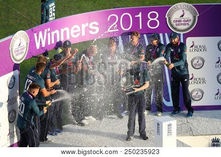 LEEDS, ENGLAND - JULY 17: England with the trophy after winning the 3rd Royal London One day International match and series between England and India at Headingley Cricket Ground on July 17, 2018