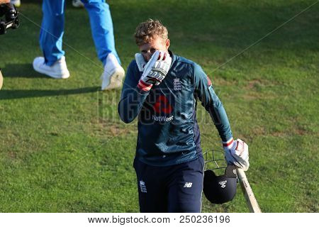 LEEDS, ENGLAND - JULY 17: Joe Root celebrates scoring a century during the 3rd Royal London One day International match between England and India at Headingley Cricket Ground on July 17, 2018
