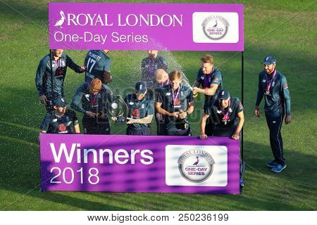 LEEDS, ENGLAND - JULY 17: England with the trophy after winning the 3rd Royal London One day International match and series between England and India at Headingley Cricket Ground on July 17, 2018