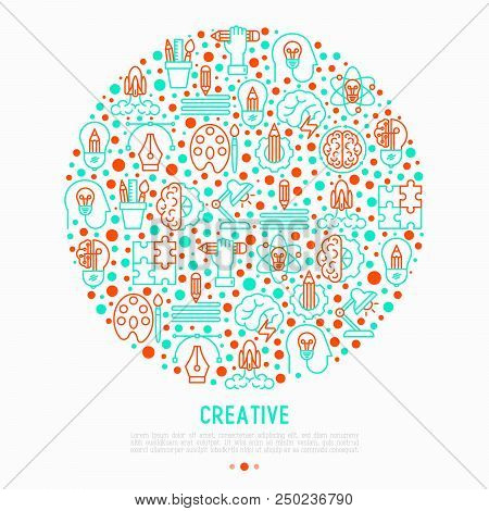 Creative Concept In Circle With Thin Line Icons: Generation Of Idea, Start Up, Brief, Brainstorming,