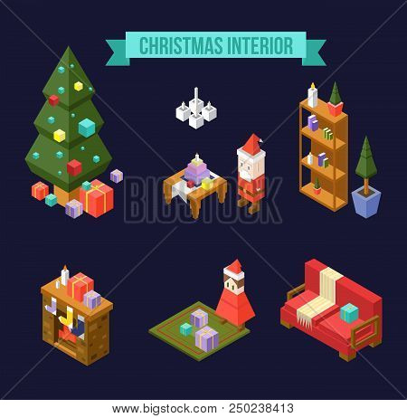 Set Of Isometric Christmas Interior Elements Isolated On Navy Blue Background. Christmas Tree With G
