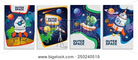 Set Of Colorful Space Cards. Vector Cartoon Posters.