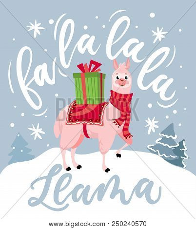 Cute Llama Christmas Card With Lettering Inscription 