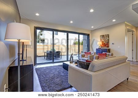 White And Gray Living Room Interior With Neutral Furniture.