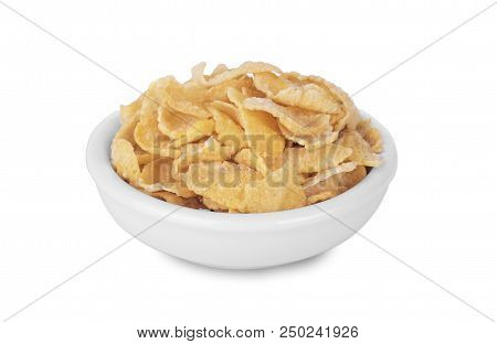 Breakfast Cereal Cornflakes In White Ceramic Bowl Isolated On White Background.