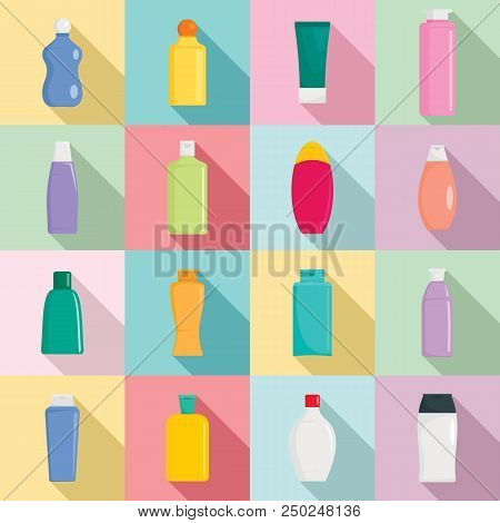 Shampoo Bottle Hair Body Washing Soap Care Icons Set. Flat Illustration Of 16 Shampoo Bottle Hair Bo
