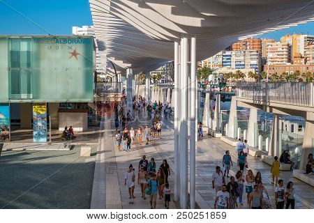 Malaga, Spain - July 1, 2018. Waterfront Promenade With A Pergola At Muelle Uno In The Port Of Malag