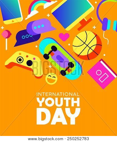 International Youth Day Greeting Card With Colorful Modern Teen Leisure Activity Decoration. Include
