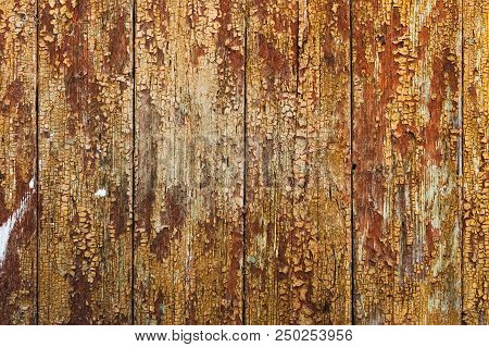 Old Boards With Cracked Rusty Paint. Textured Wooden Old Background With Vertical Lines.