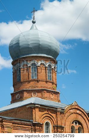 Temple Of St. Michael's Village Podgornoye. Brick Russian Orthodox Church Of The 19Th Century, Built