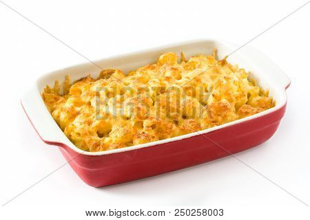 Typical American Macaroni And Cheese Isolated On White Background