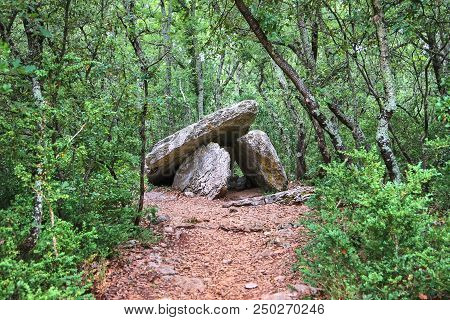 Group Of Three Dolmens In Barjac, France. Large Stones