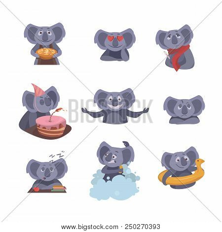 Set Of Cute Koalas Isolated On White Background. Koala With A Pie, Birthday Koala, Koala In Love Etc