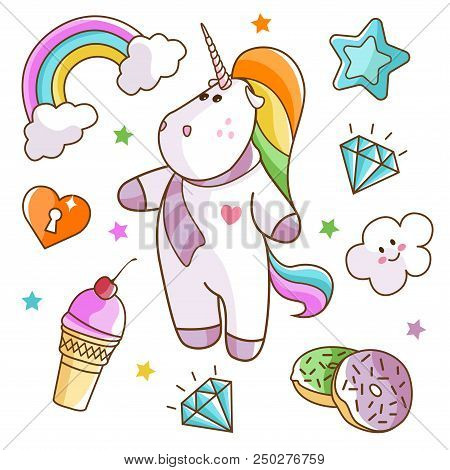 Unicorn Cute Illustration With Doodles Isolated On White Background.