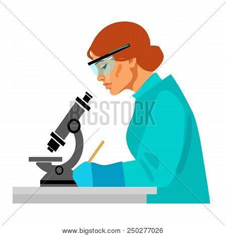 Woman Scientist Looking Through Microscope And Writing. Female Laboratory Assistant Working At The T