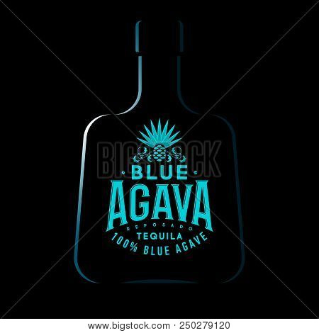 Tequila Emblem. Blue Agave Tequila Logo. Blue Vintage Letters And Agave Plant On Dark Background.