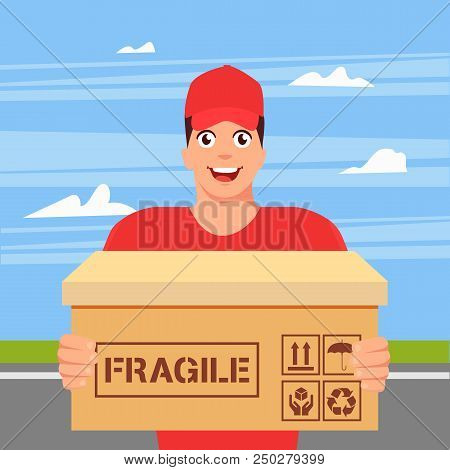 Courier In Hat And Uniform With Package. Delivery Man. Guy With Cardboard Box. Postman In Cap. Posta