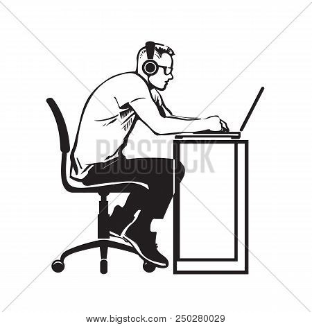 Programmer Working At Computer. Teenager In Headphones Sitting Stooping At Laptop. Hand Drawn Vector