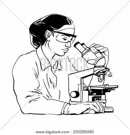 Sketch Of Woman Scientist Looking Through Microscope. Female Laboratory Assistant In Potective Glass