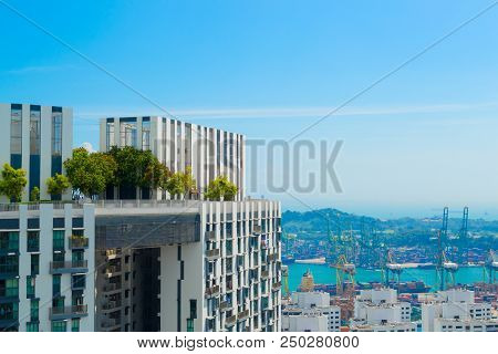 Beautiful Rooftop View From Sky Bridge Of Singapore Living Building With Garden On The Top. Aerial V