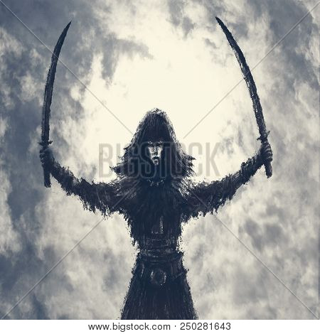 Warrior Girl With Two Raised Sabers. Fantasy Illustration. Freehand Digital Drawing.