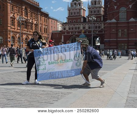 Moscow - June 15, 2018: Soccer World Cup Fanatics Of Argentina With Flags With Their Typical Costume